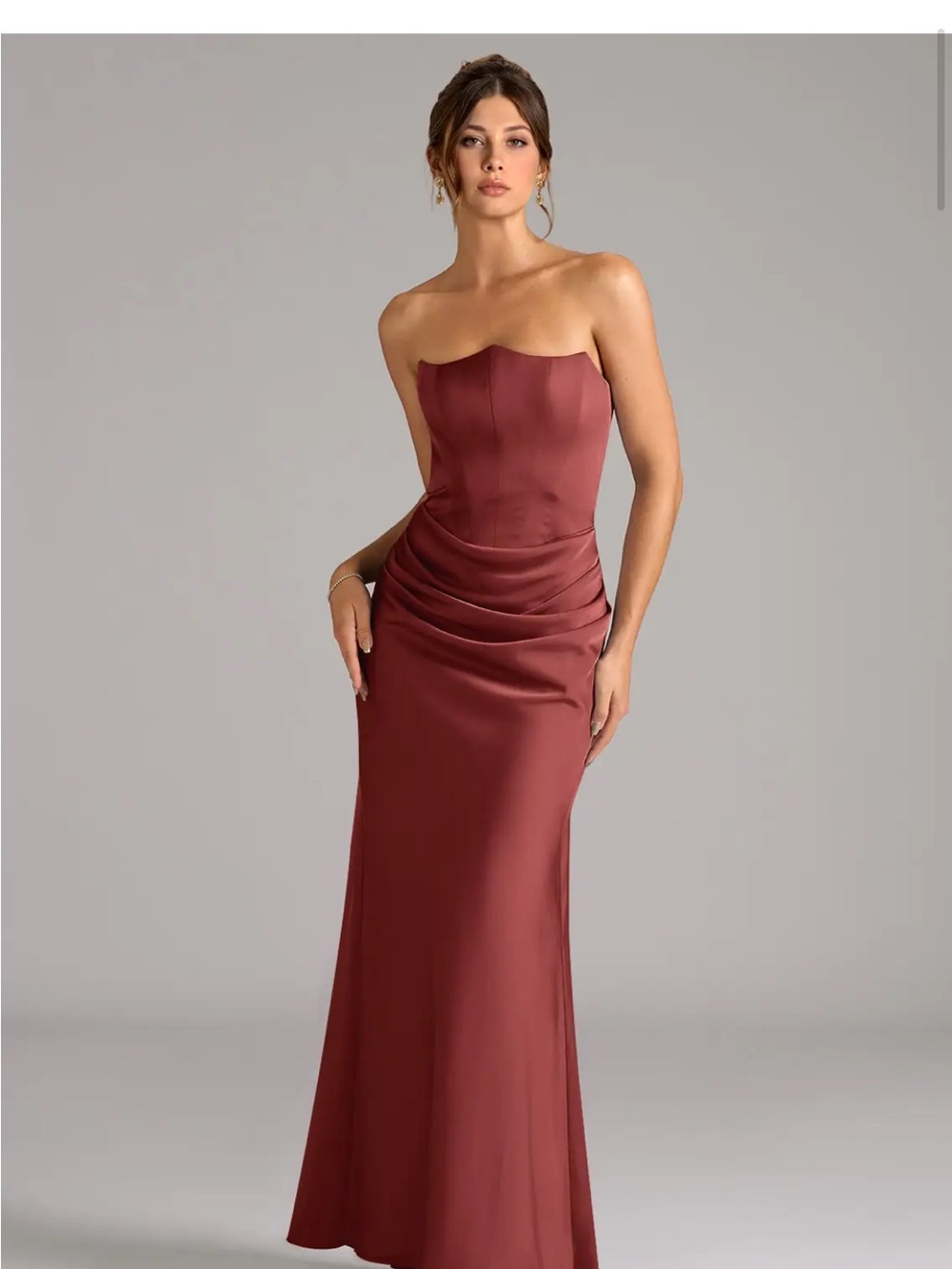 Strapless Satin Evening Gown in terracotta